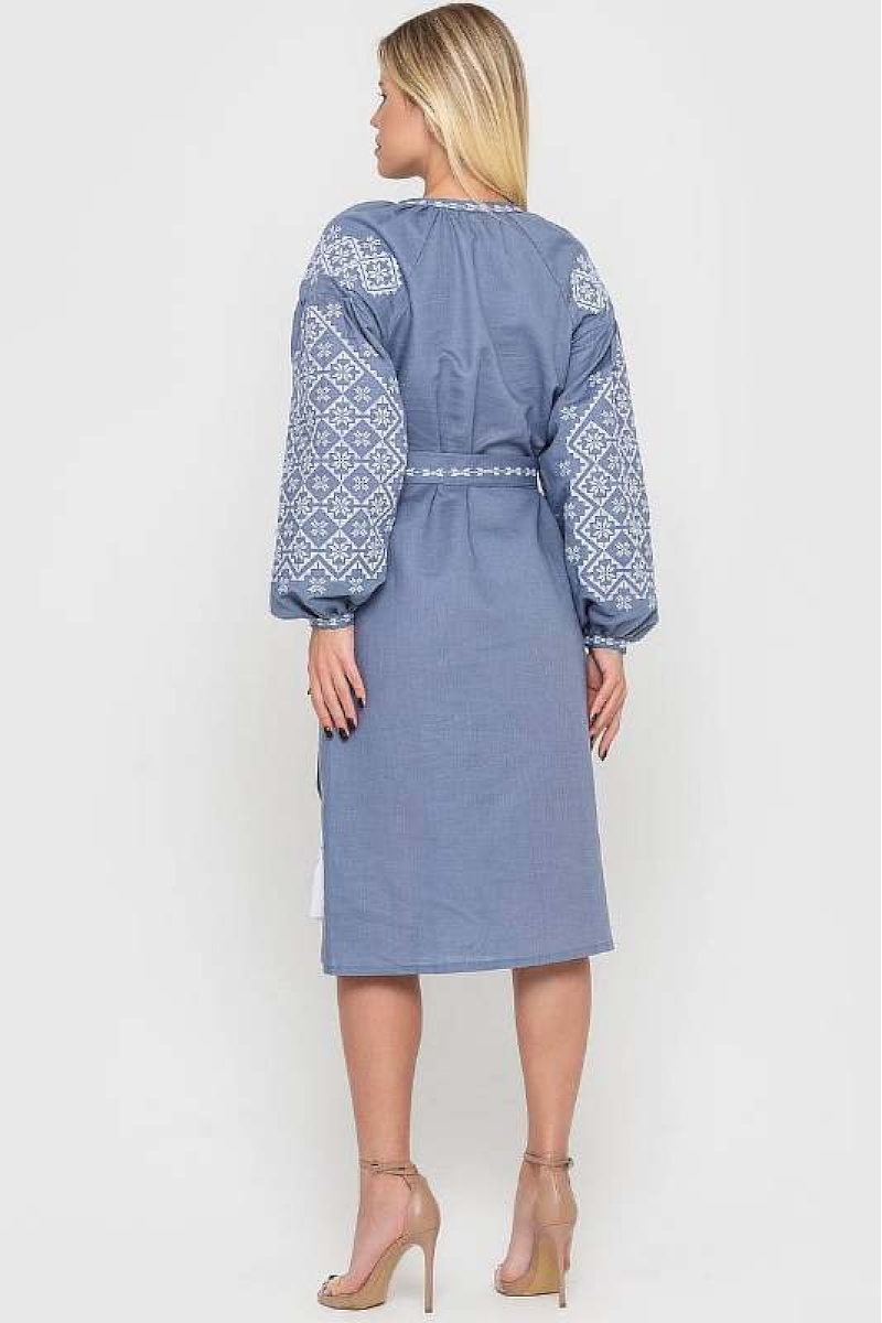 Women's embroidered dress "Bright Stars" light blue linen